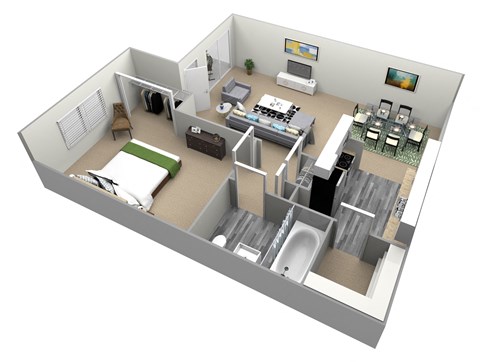 Floor plan for 1 bed, 1 bath, 611 sqft